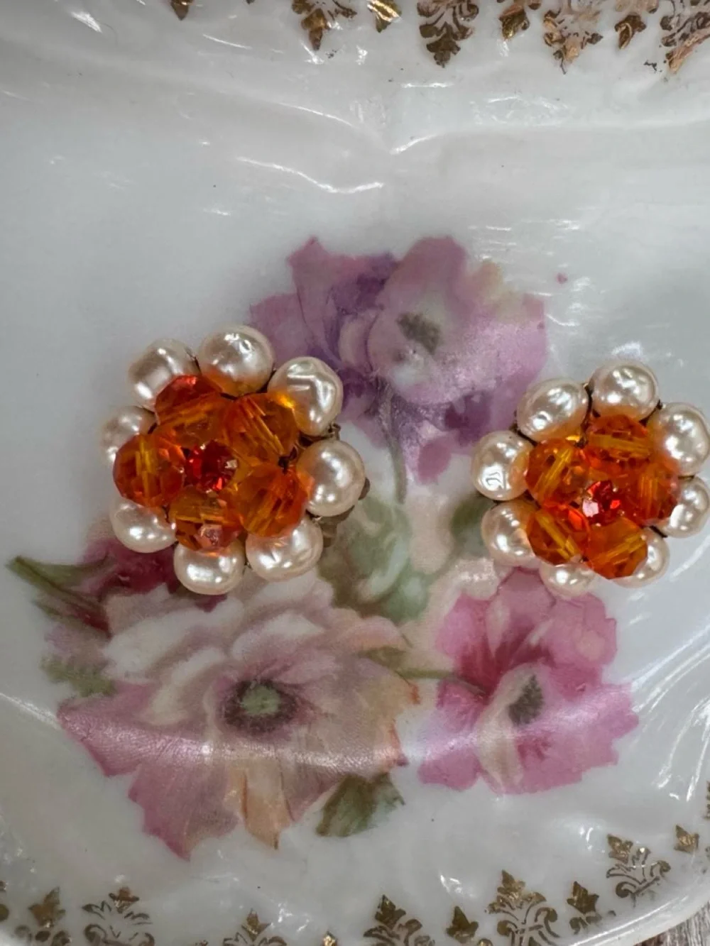 Vintage faux Pearl and orange Crystal Flower clip Earrings - Women Jewelry